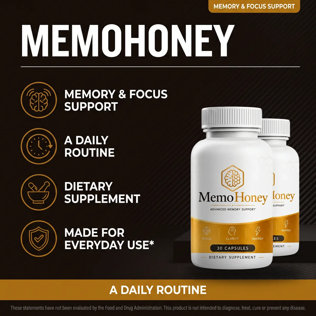 The seller's own graphic listing the memory and focus support MemoHoney is sold for