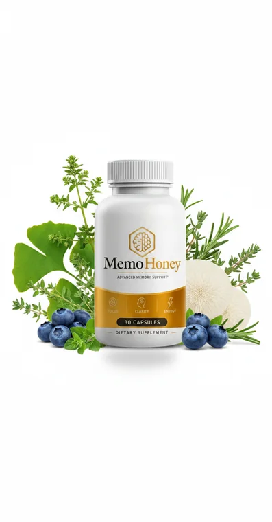 A single MemoHoney bottle photographed among ginkgo leaves, rosemary and blueberries